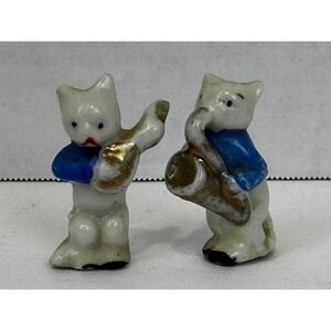 Vintage Miniature Porcelain Cats Playing Saxophone and Flute Made in Japan Set 2